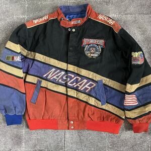 Mens Vintage 90s Jeff Hamilton Racing NASCAR 50th Anniversary Bomber Jacket Sz L
